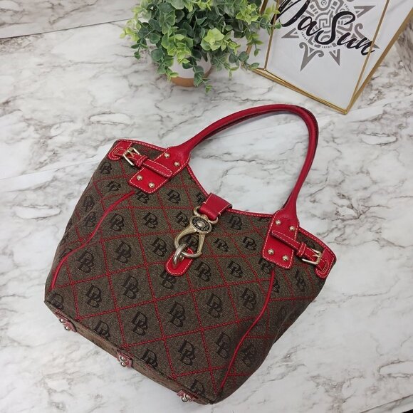DOONEY & BOURKE hobo bag brown Canvas with Red Pebble Leather vintage - Picture 1 of 12